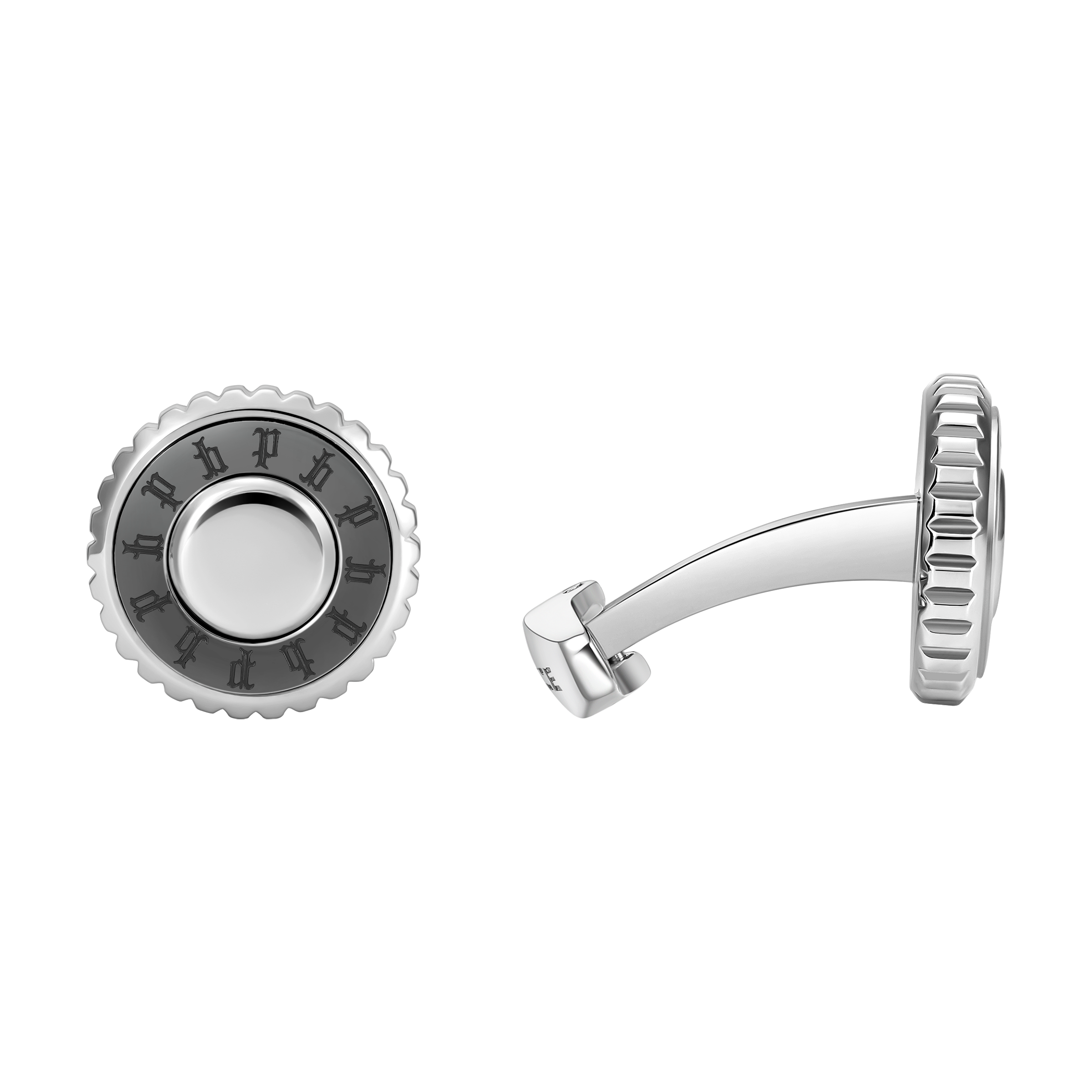 Police Fluted Stainless Steel &amp; Gunmetal Cufflinks with Multi-P Emblem