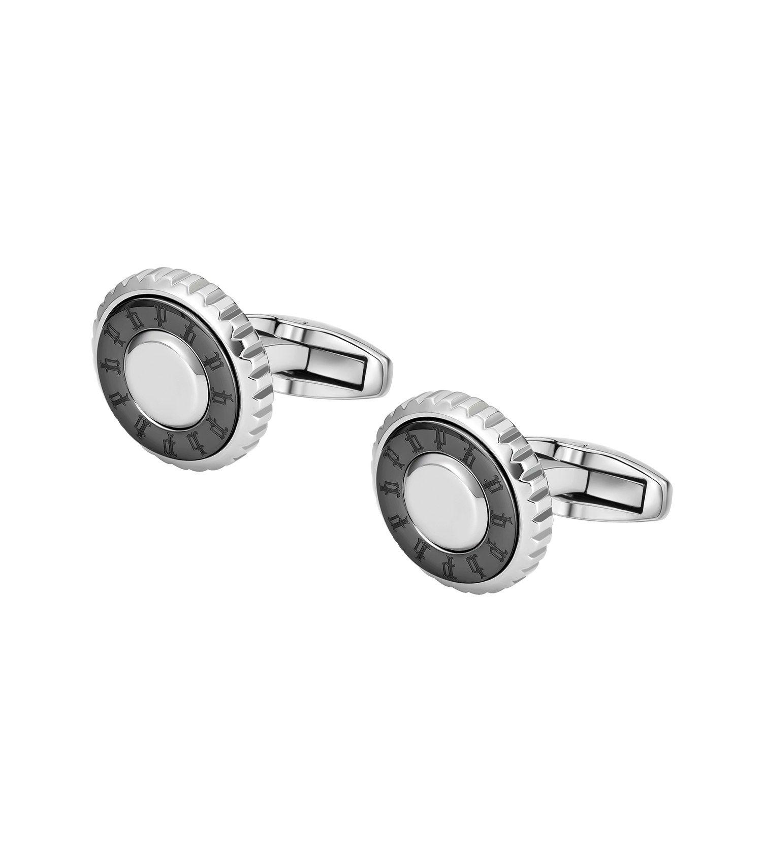 Police Fluted Stainless Steel &amp; Gunmetal Cufflinks with Multi-P Emblem