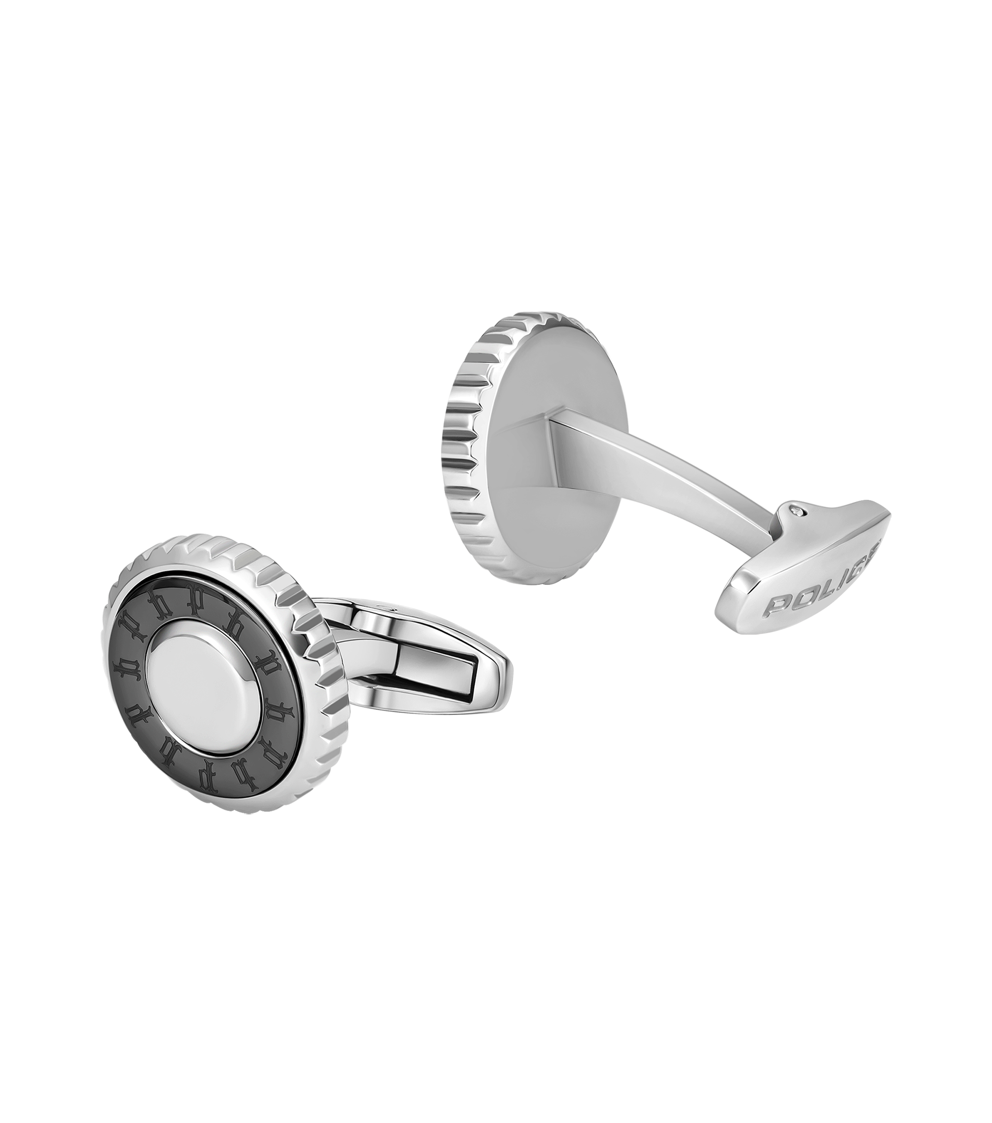 Police Fluted Stainless Steel & Gunmetal Cufflinks with Multi-P Emblem Secondary image