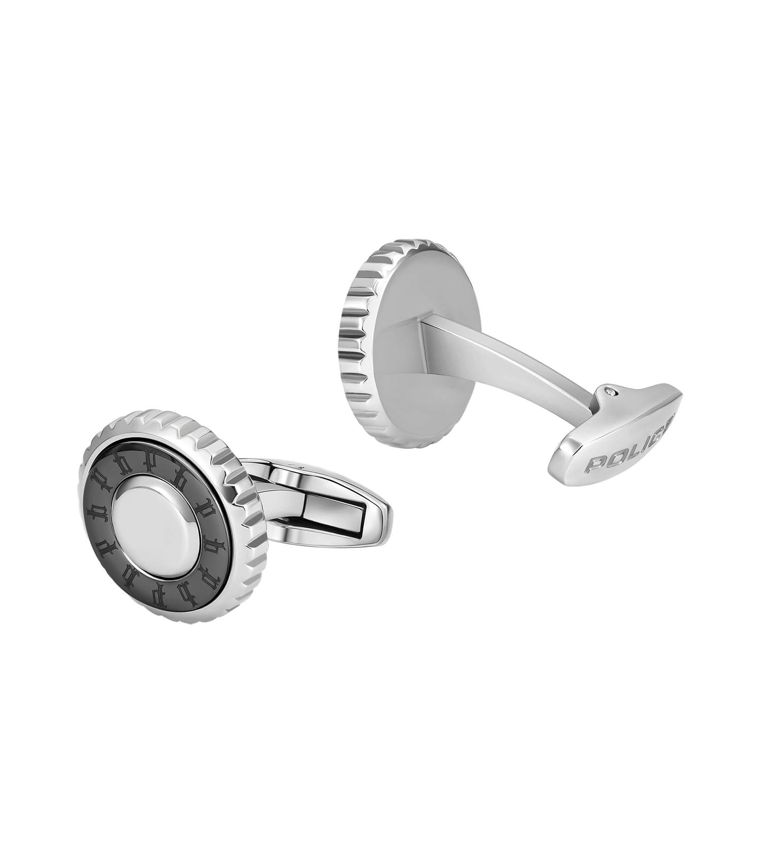 Police Fluted Stainless Steel &amp; Gunmetal Cufflinks with Multi-P Emblem