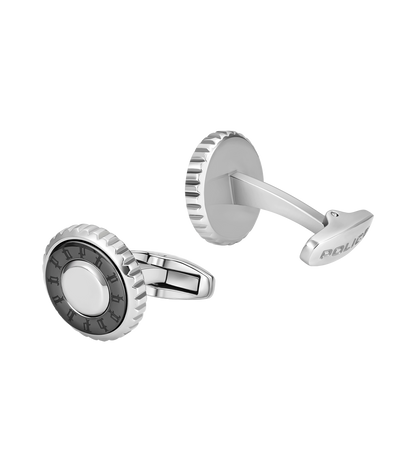 Police Fluted Stainless Steel &amp; Gunmetal Cufflinks with Multi-P Emblem