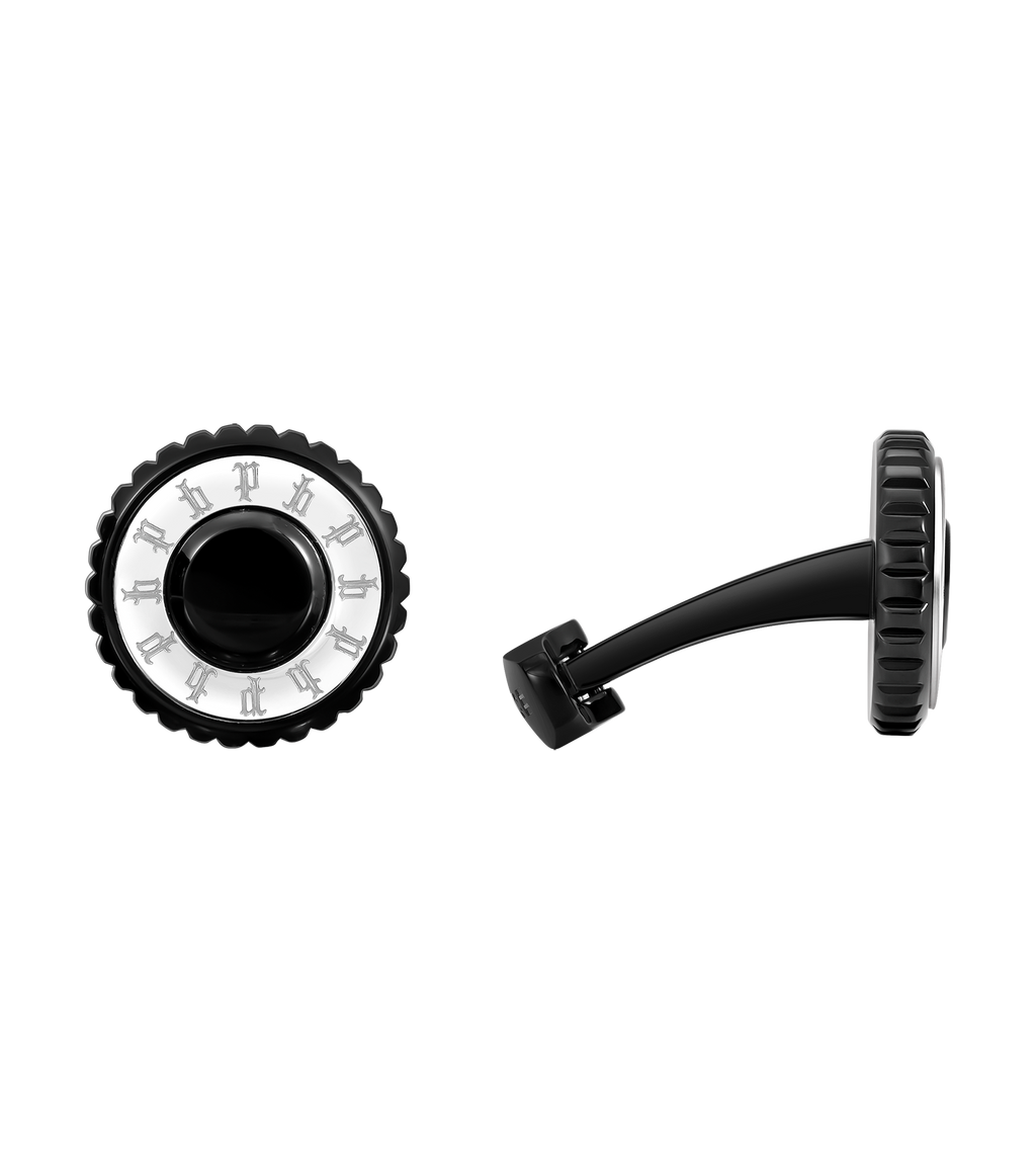 Police Fluted Black & Stainless Steel Cufflinks with Multi-P Emblem