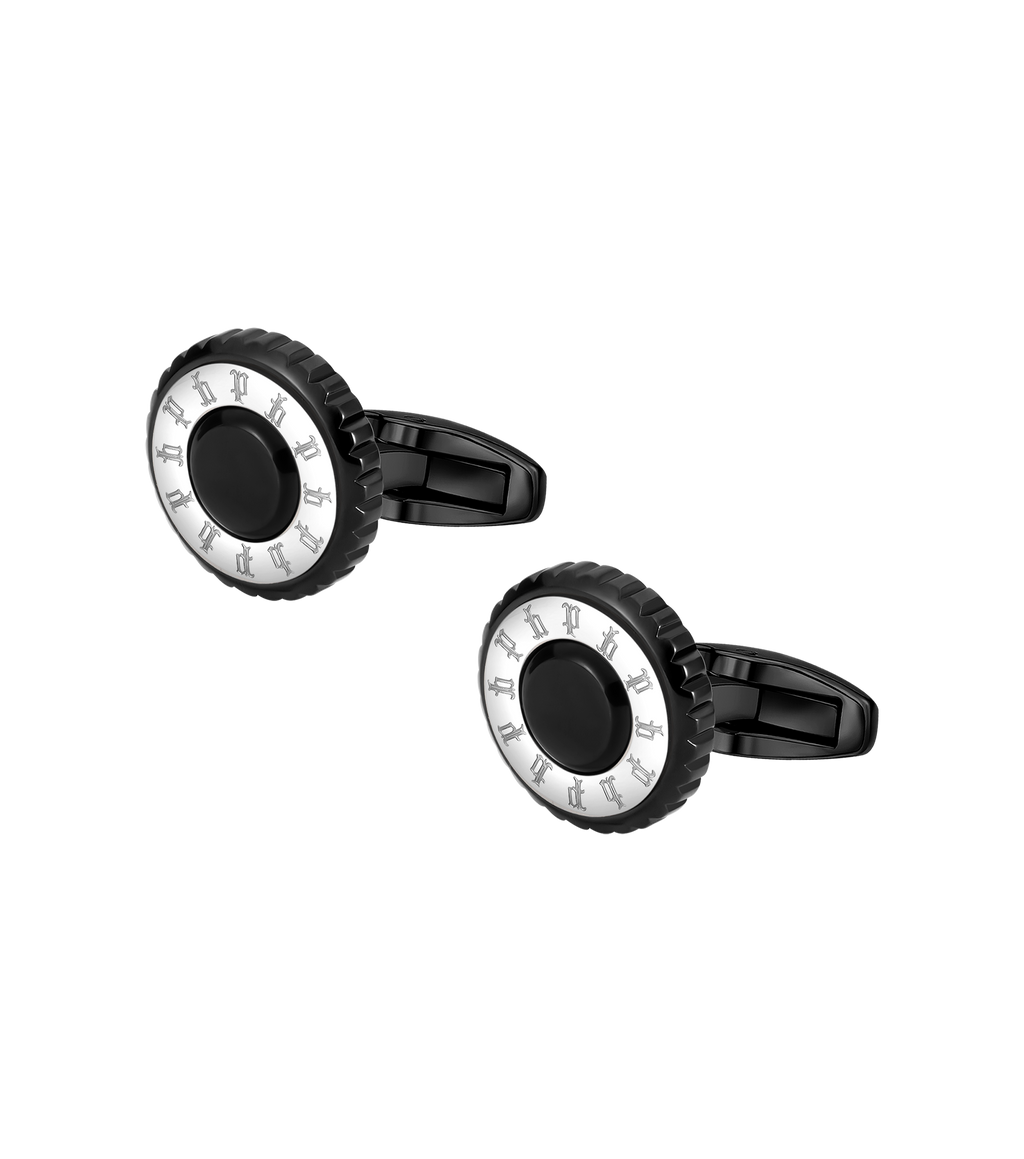 Police Fluted Black & Stainless Steel Cufflinks with Multi-P Emblem