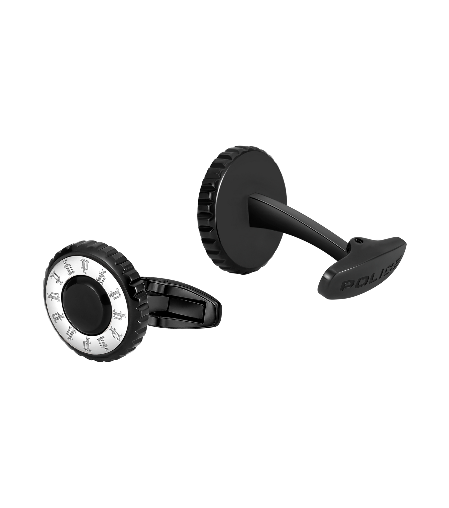 Police Fluted Black &amp; Stainless Steel Cufflinks with Multi-P Emblem
