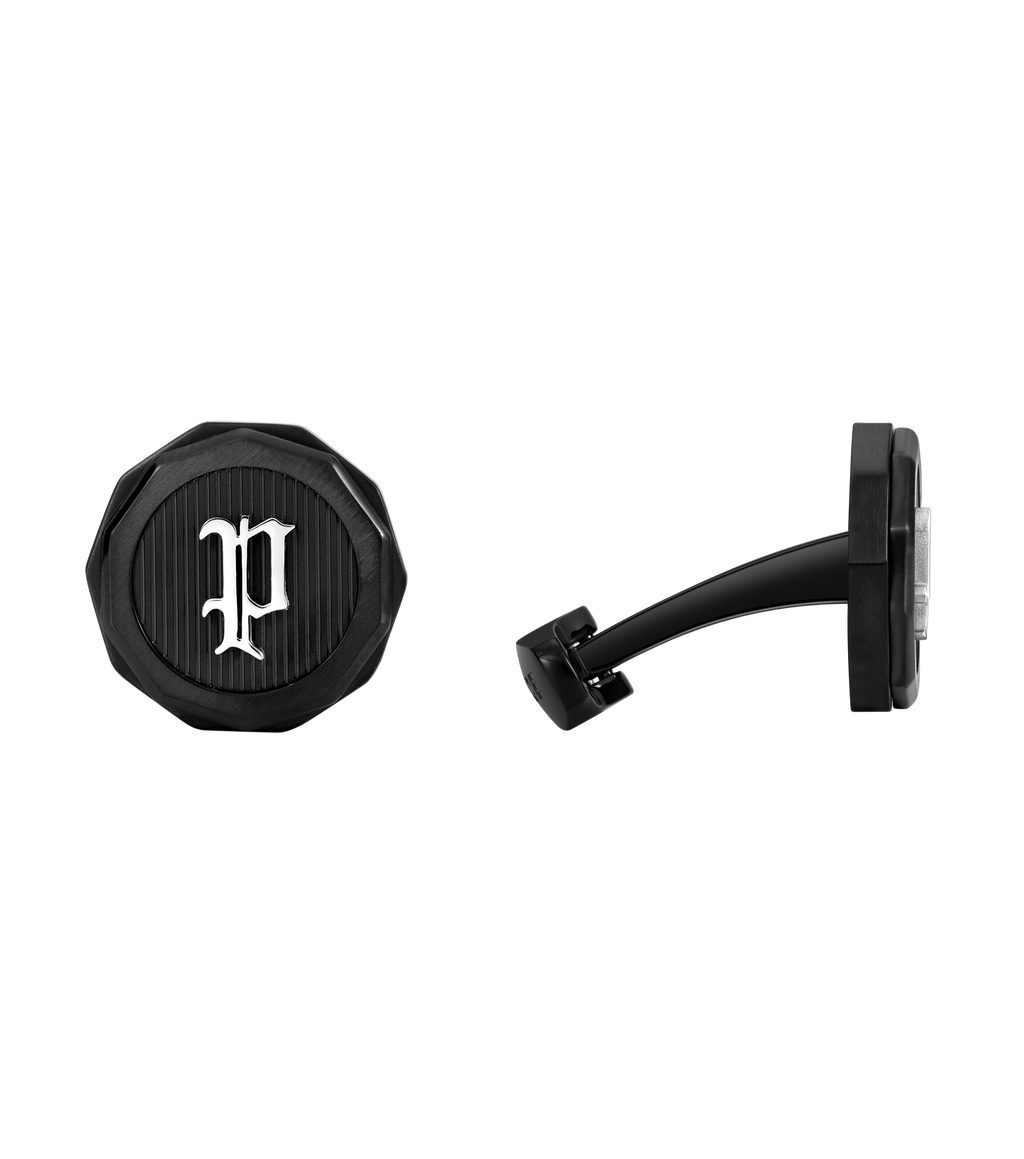 Police Guard Full Black, P Logo Fringe Cufflinks