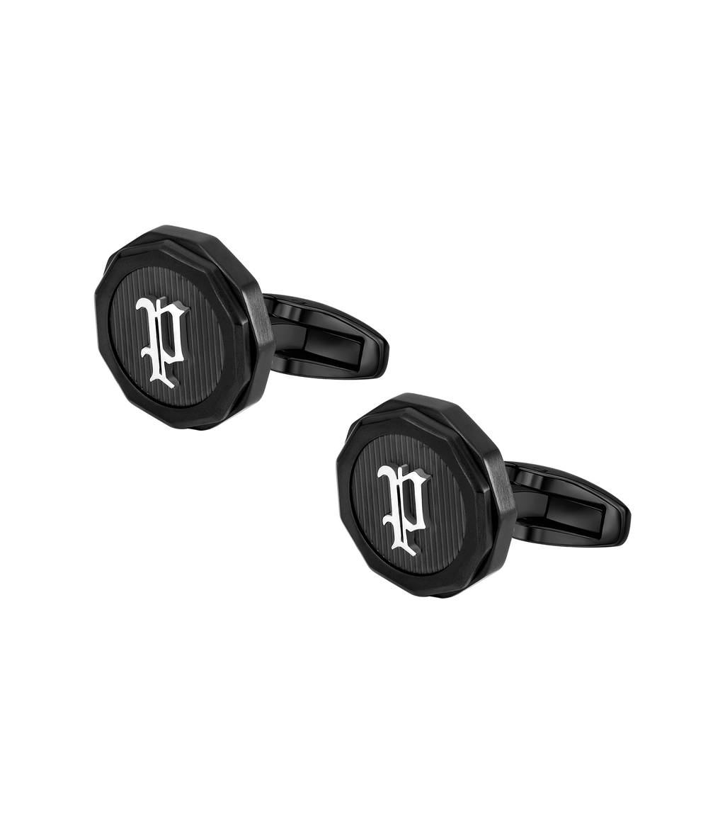Police Guard Full Black, P Logo Fringe Cufflinks