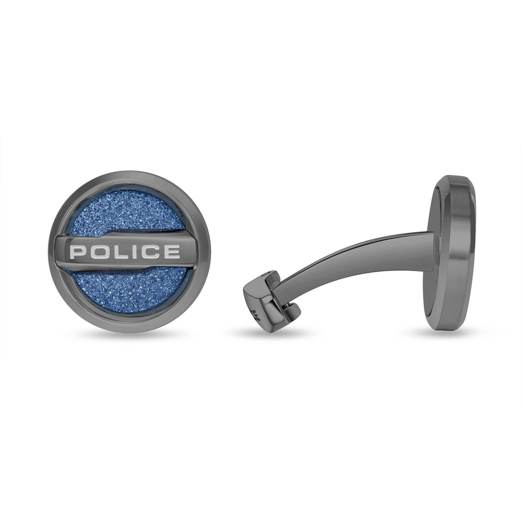 Pair of Police Orbium cufflinks with dark grey metallic finish and a circular face featuring a blue grainy texture and "POLIC