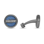 Pair of Police Orbium cufflinks with dark grey metallic finish and a circular face featuring a blue grainy texture and "POLIC