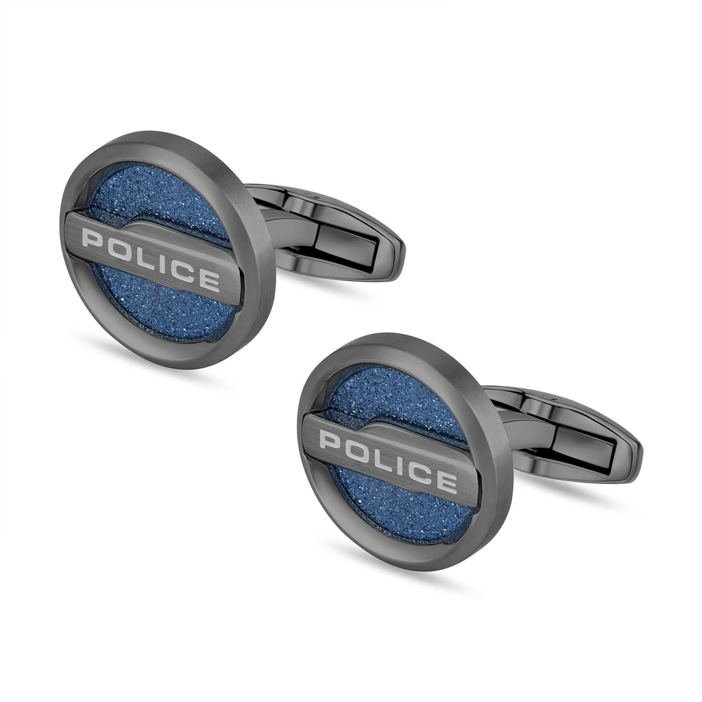 Pair of black-finished cufflinks. Each has a circular face with a grainy blue center and a horizontal bar engraved with 'POLI