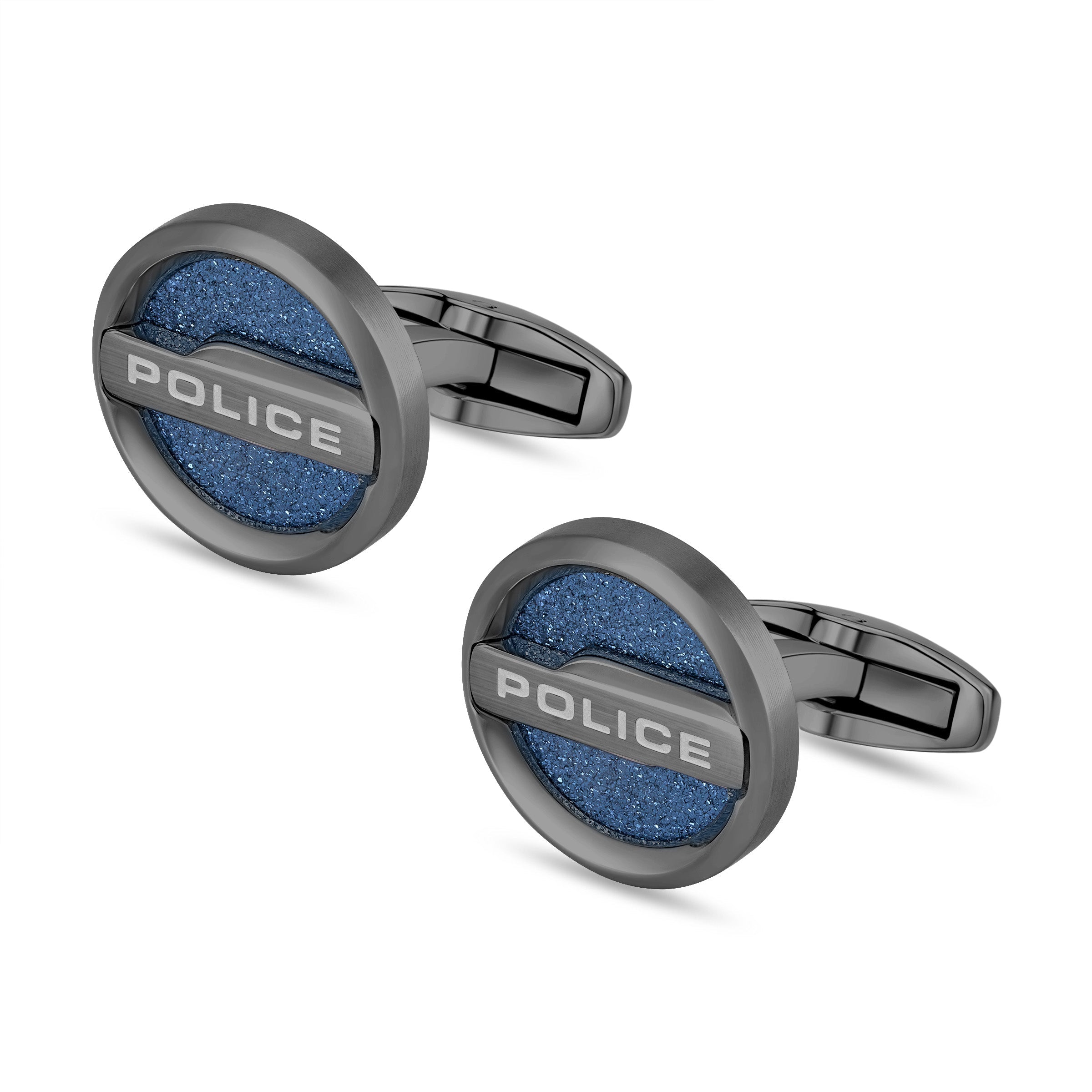 Pair of black-finished cufflinks. Each has a circular face with a grainy blue center and a horizontal bar engraved with 'POLI