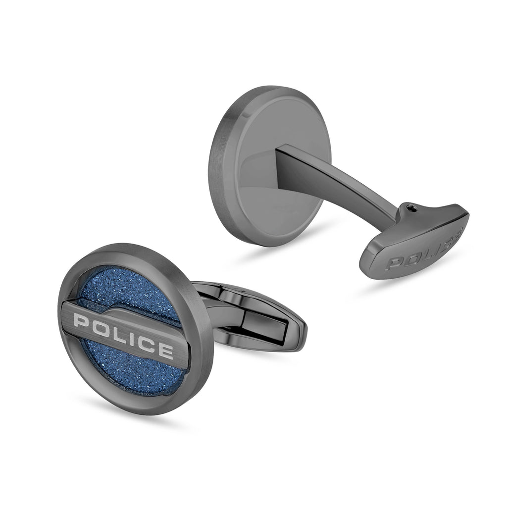 Pair of round, gunmetal-toned cufflinks. One has a grainy blue center with a lighter 'POLICE' bar. The other shows the back.