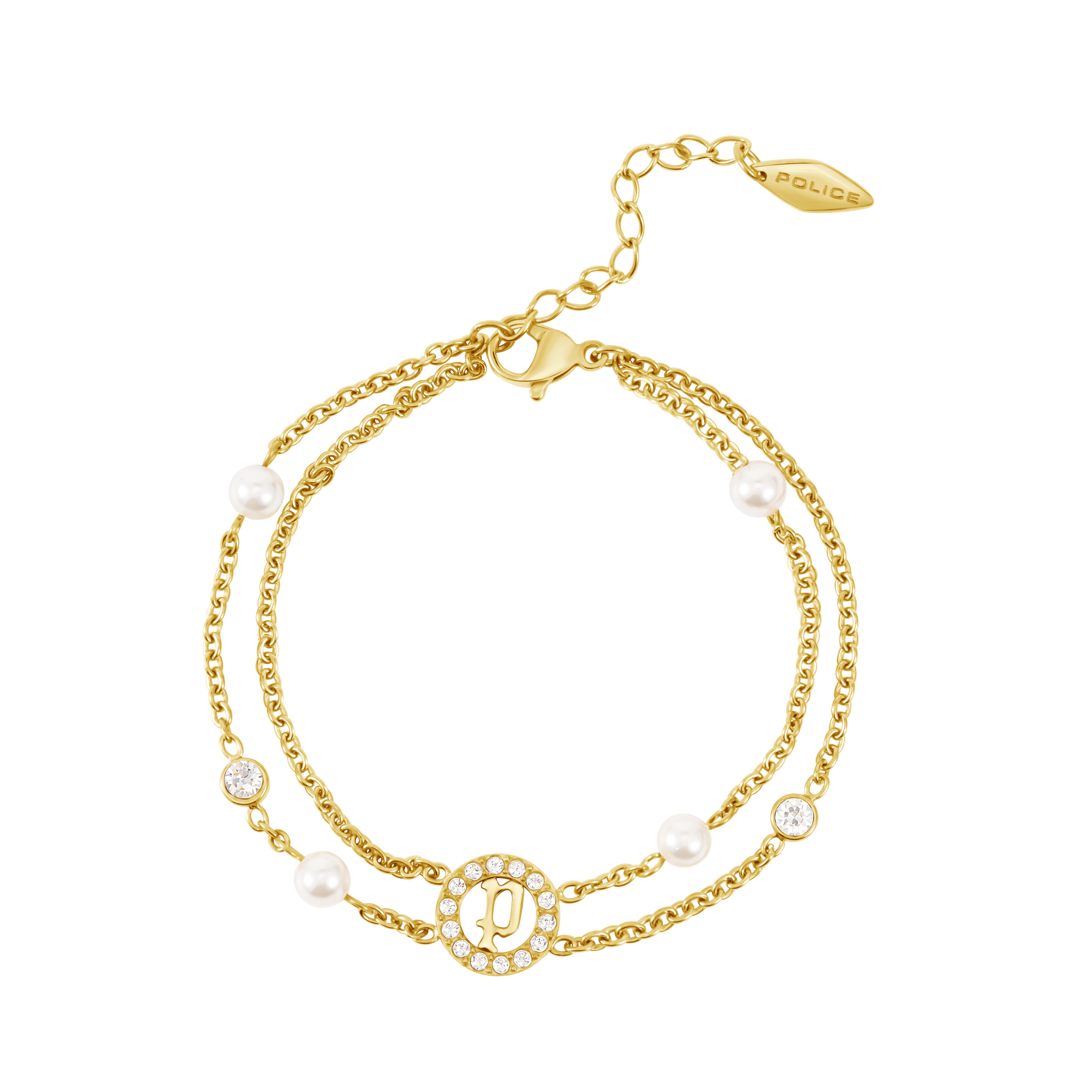 Police Element Pearl & Crystals Motif Double Chain Bracelet