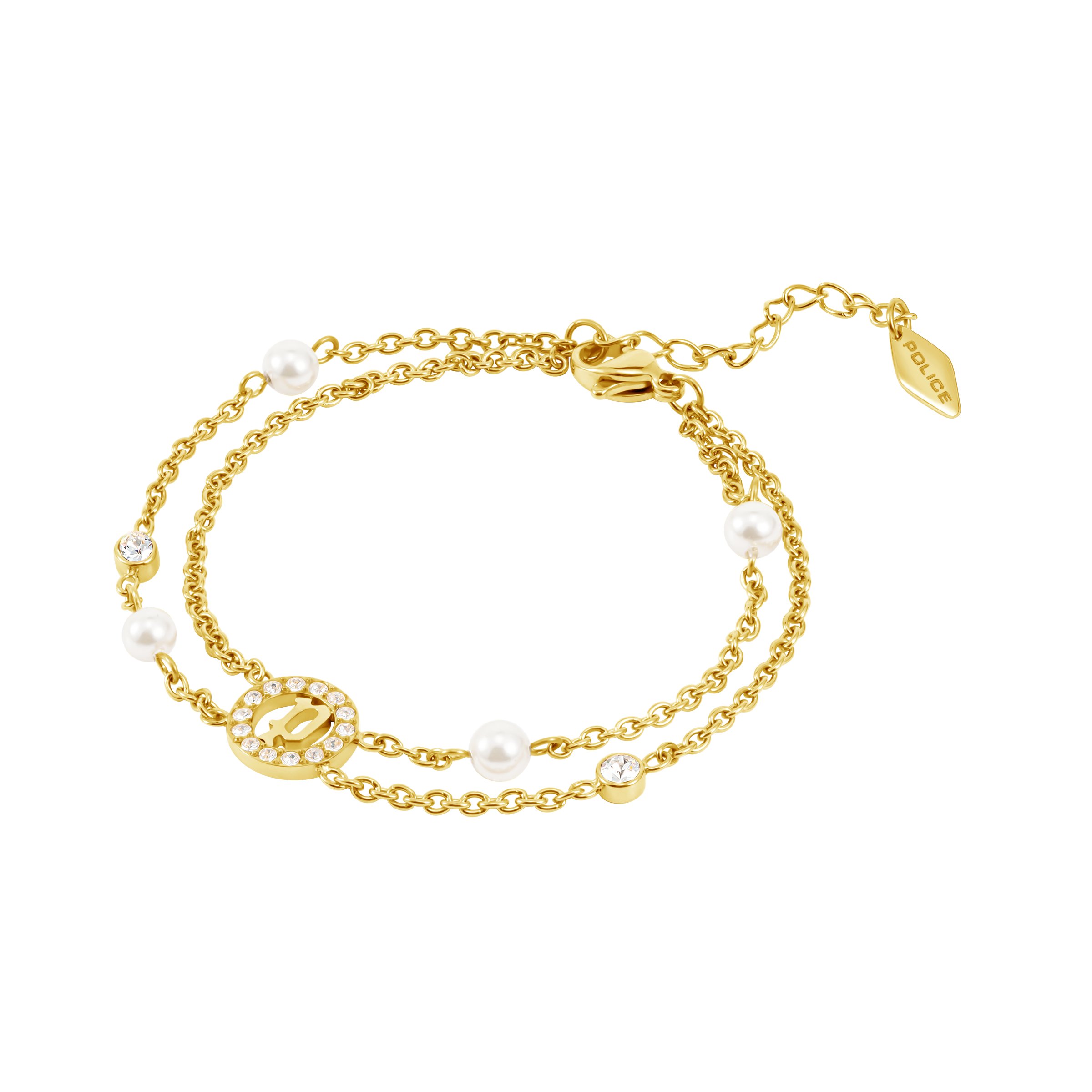 Police Element Pearl & Crystals Motif Double Chain Bracelet
