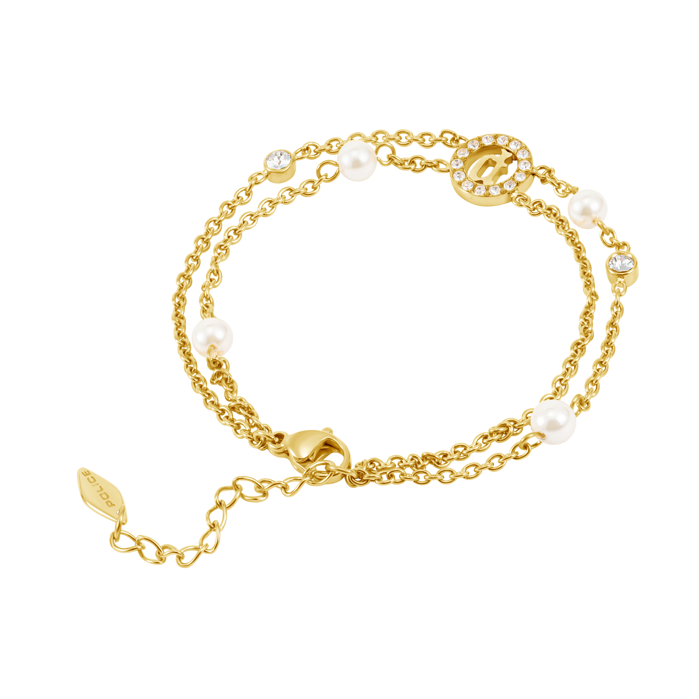 Police Element Pearl & Crystals Motif Double Chain Bracelet
