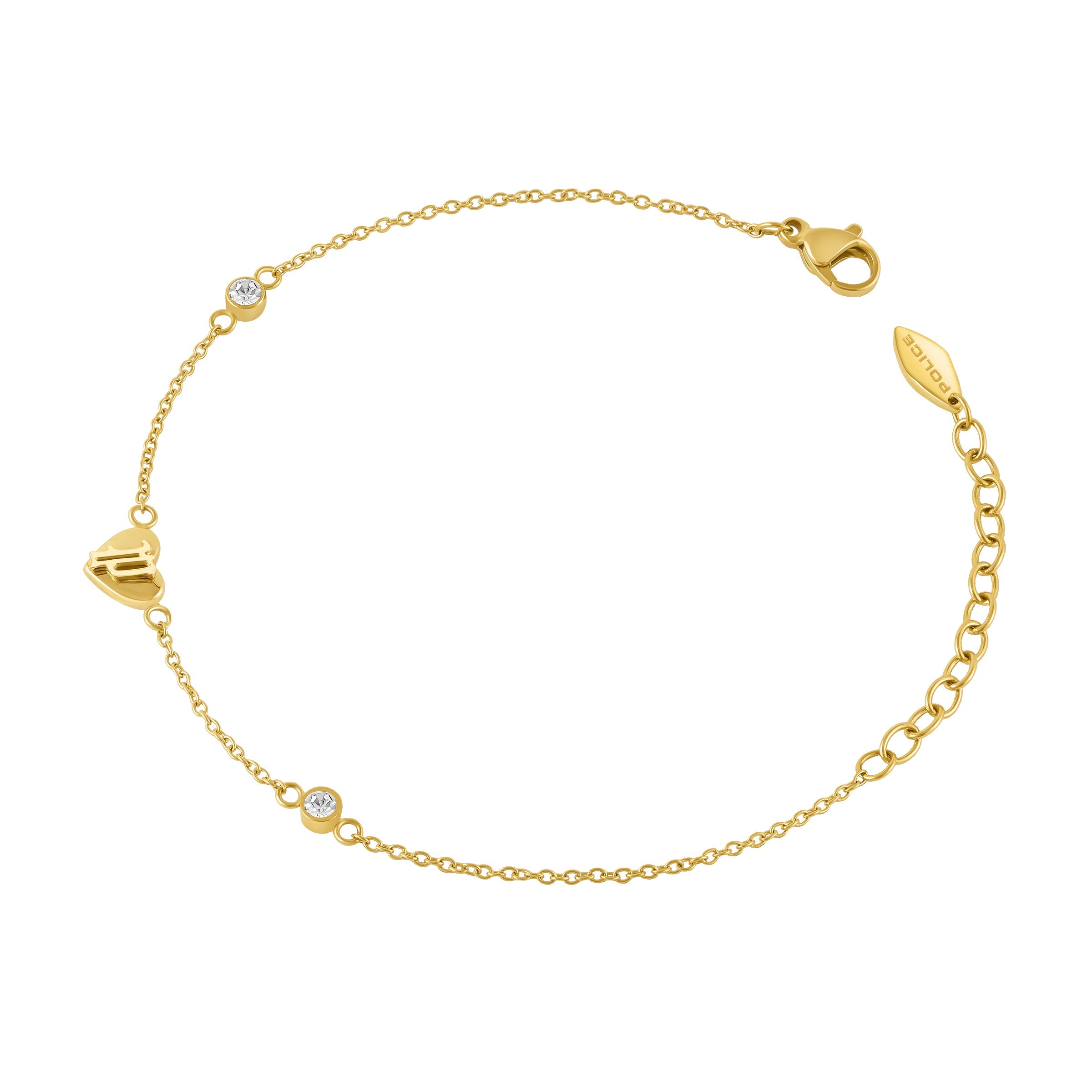 Gold-toned delicate chain bracelet with a heart charm featuring the Police 'P' logo and two round clear crystals.
