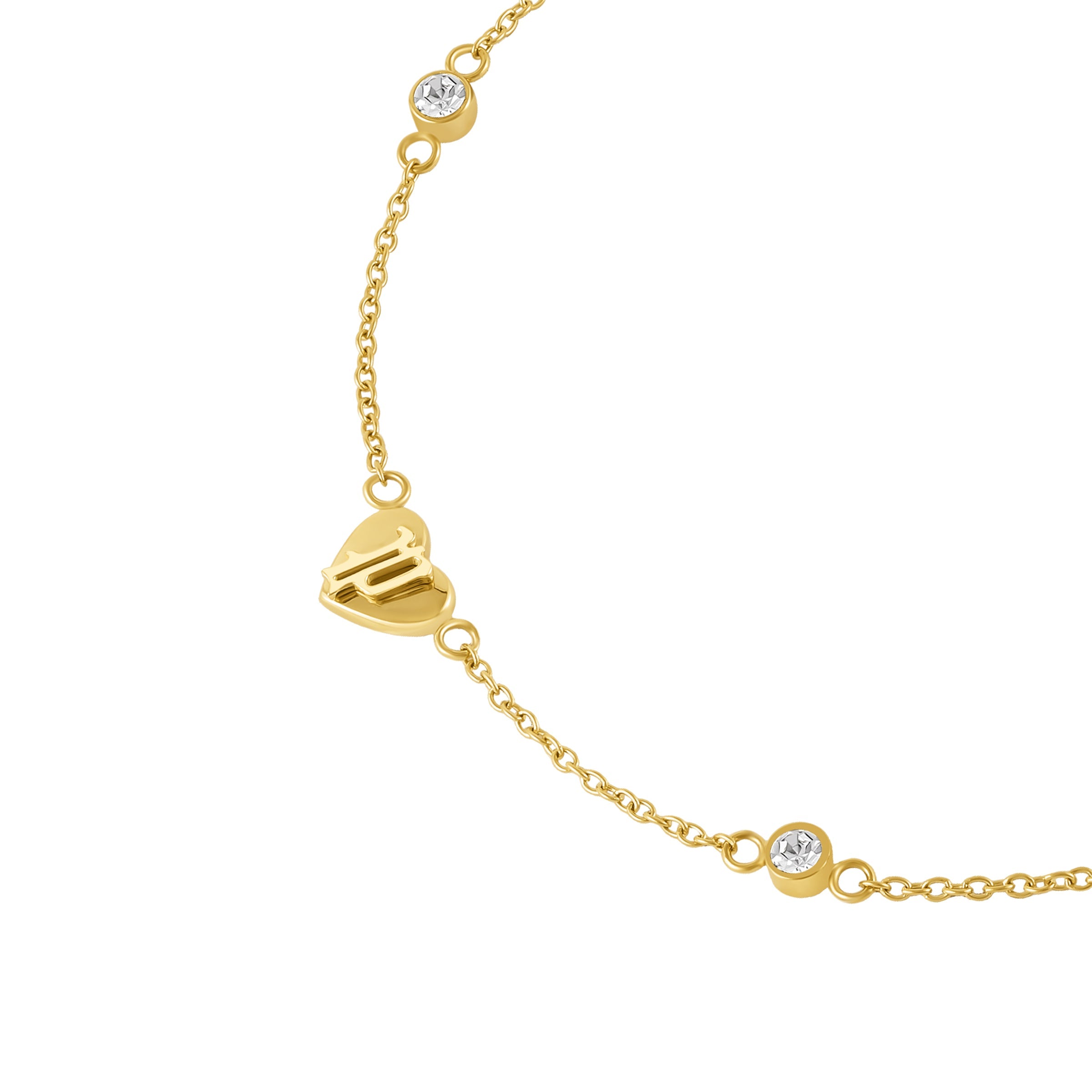 Gold-toned chain bracelet with a heart charm engraved with an 'M' or 'W' and two bezel-set clear crystals.