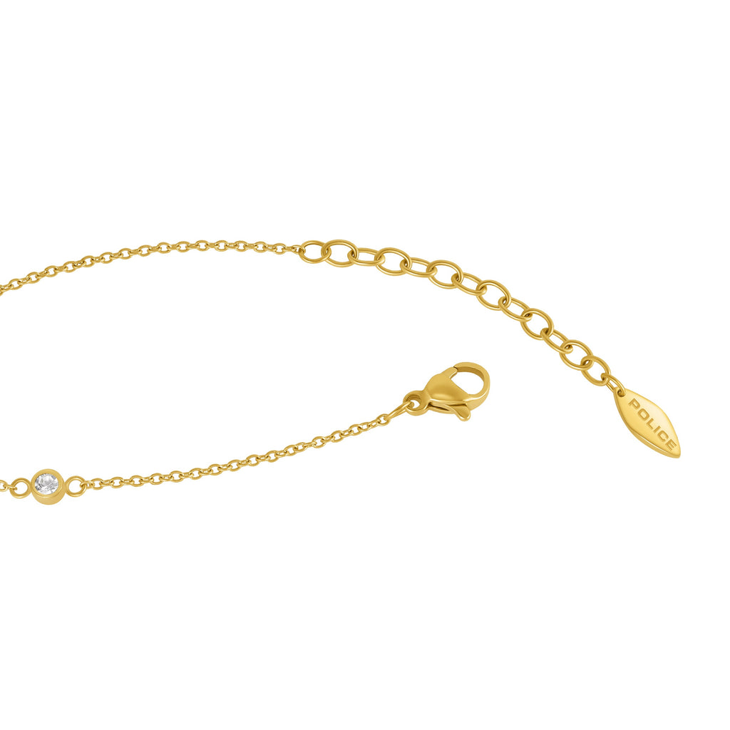 Gold-toned chain bracelet with a clear crystal, lobster clasp, and an extension chain ending in a "POLICE" tag.
