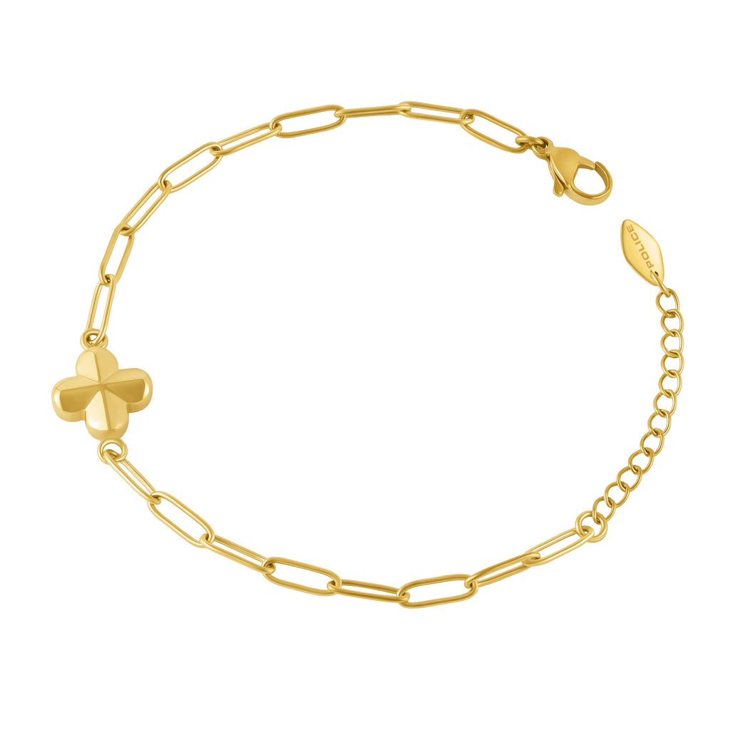 Gold-toned paperclip chain bracelet with a four-leaf clover charm and a lobster clasp closure.