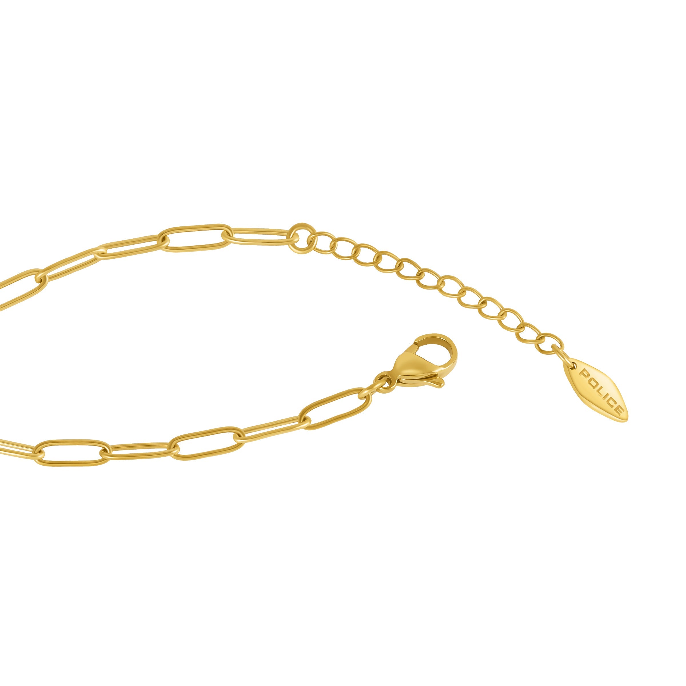 Gold-toned paperclip chain bracelet with a lobster clasp, an extender chain, and a small leaf-shaped 'POLICE' charm.