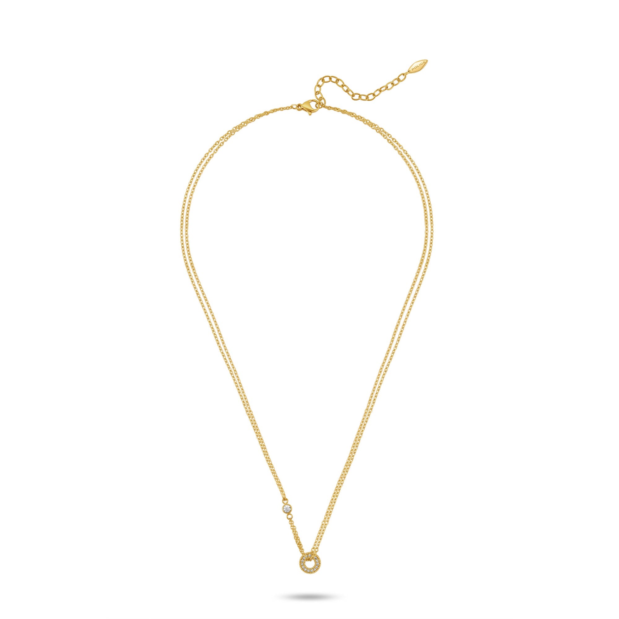 Gold-toned duochain necklace with a small clear crystal on one chain and a crystal-encrusted open circle pendant.