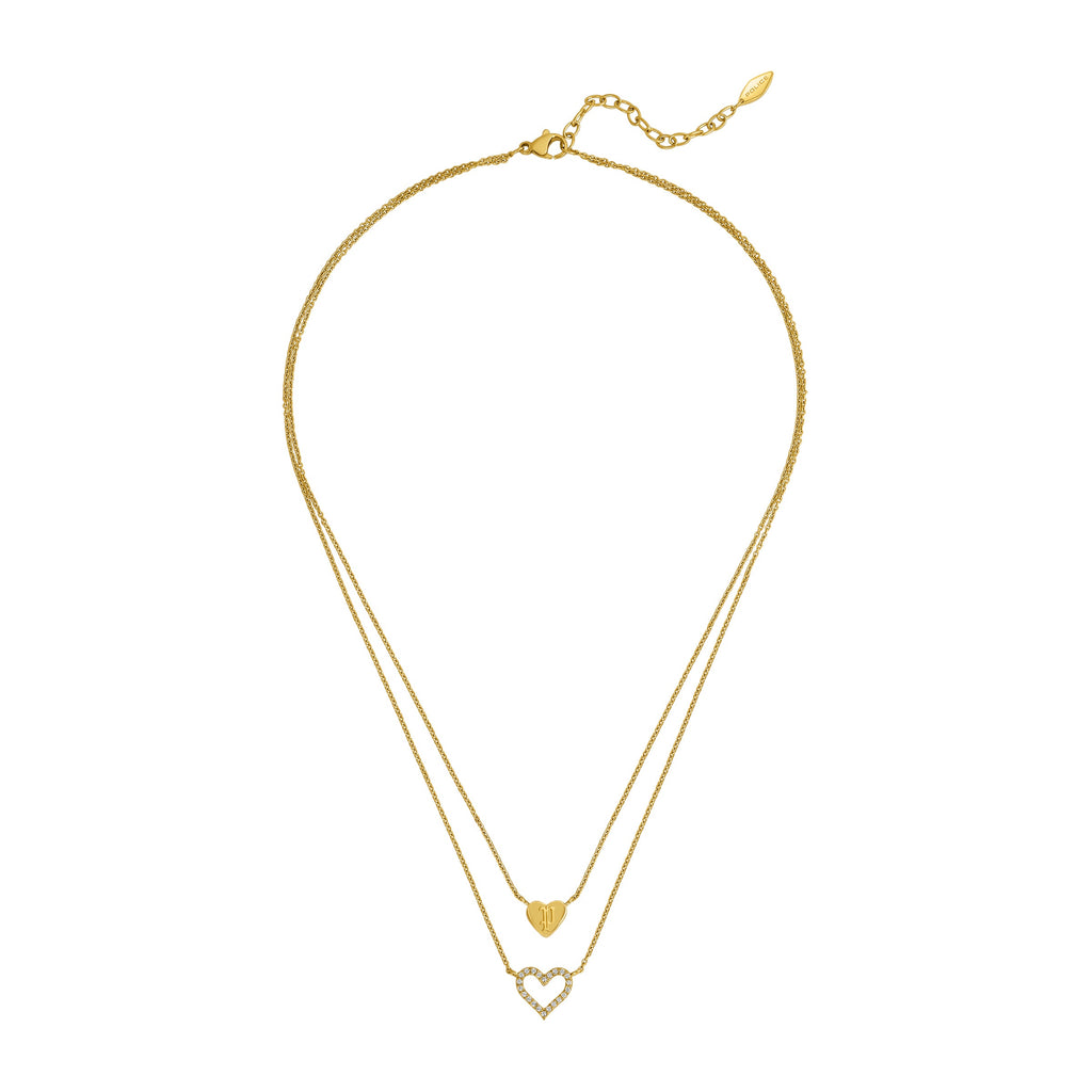 Gold-toned duochain necklace with a small solid heart pendant featuring an etched design and a larger open heart pendant outl