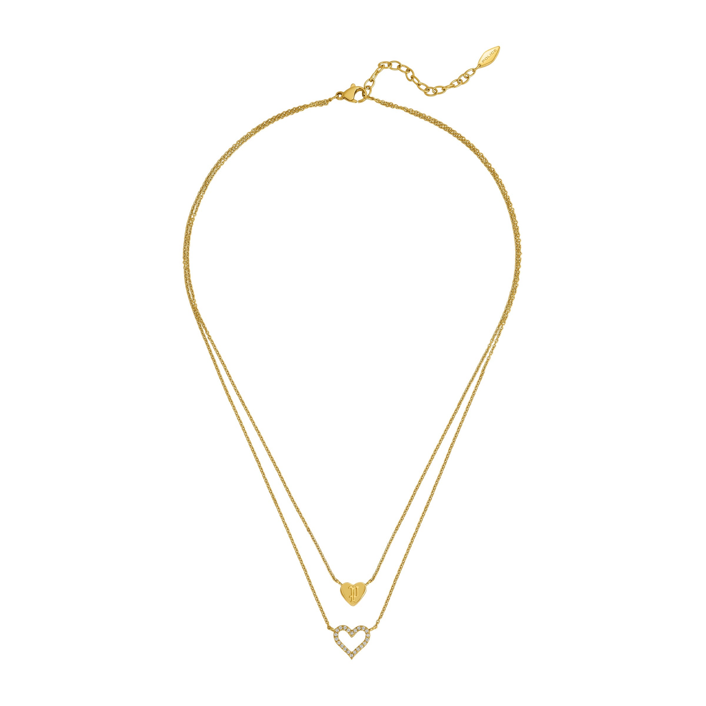 Gold-toned duochain necklace with a small solid heart pendant featuring an etched design and a larger open heart pendant outl
