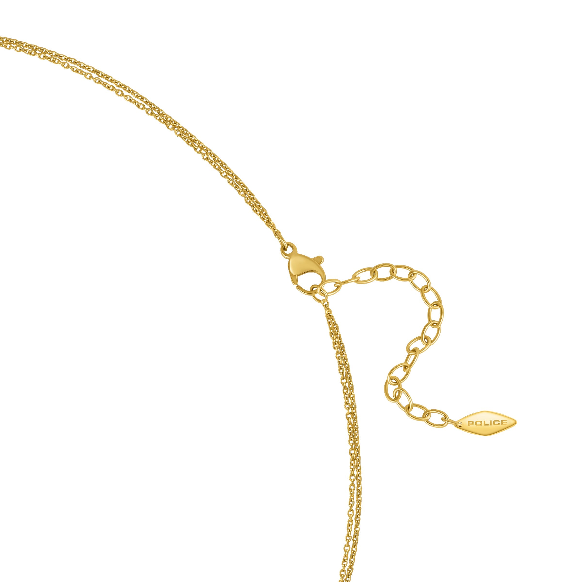 Gold-toned double-chain necklace with a lobster clasp, an extender chain, and an engraved 'POLICE' tag.