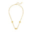 Gold-toned paperclip chain necklace with three clover charms, a lobster clasp, and an extender chain.