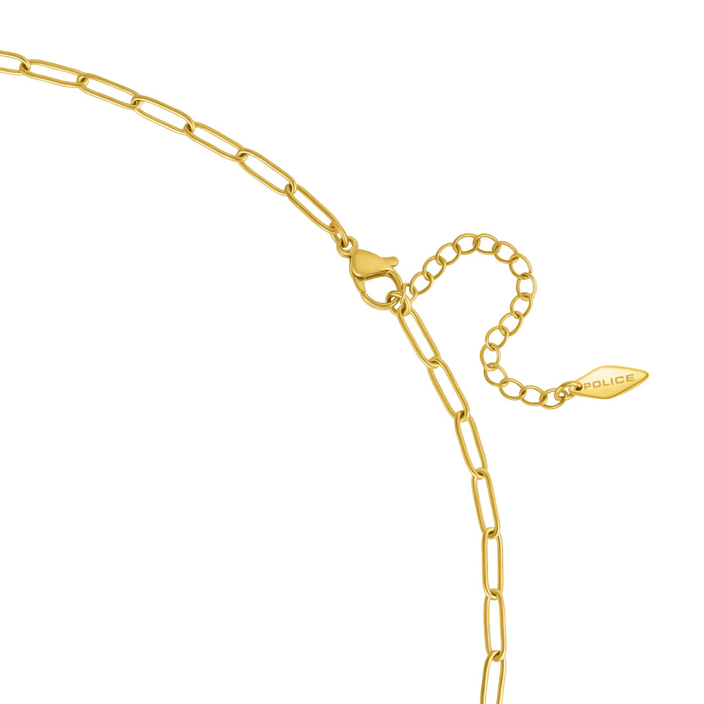 Gold-toned paperclip chain necklace with lobster clasp, extender chain, and 'POLICE' engraved tag.