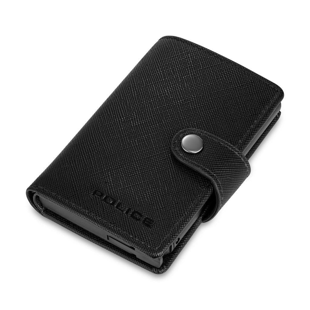 Black Police automatic card case with a crosshatch texture, silver-toned snap button closure, and visible brand logo.