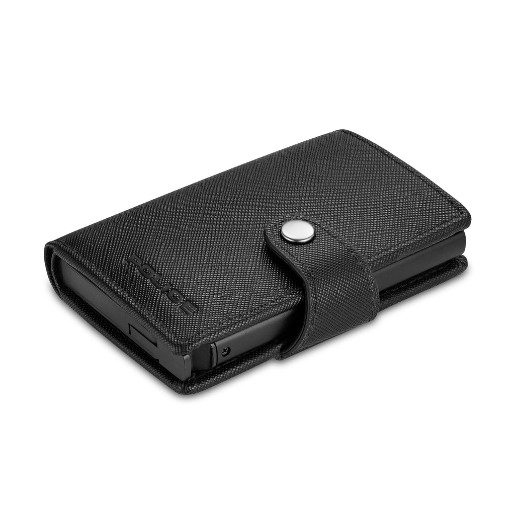 Black PU card case with a crosshatch texture, silver-toned snap button closure, and "POLICE" embossed on the front.