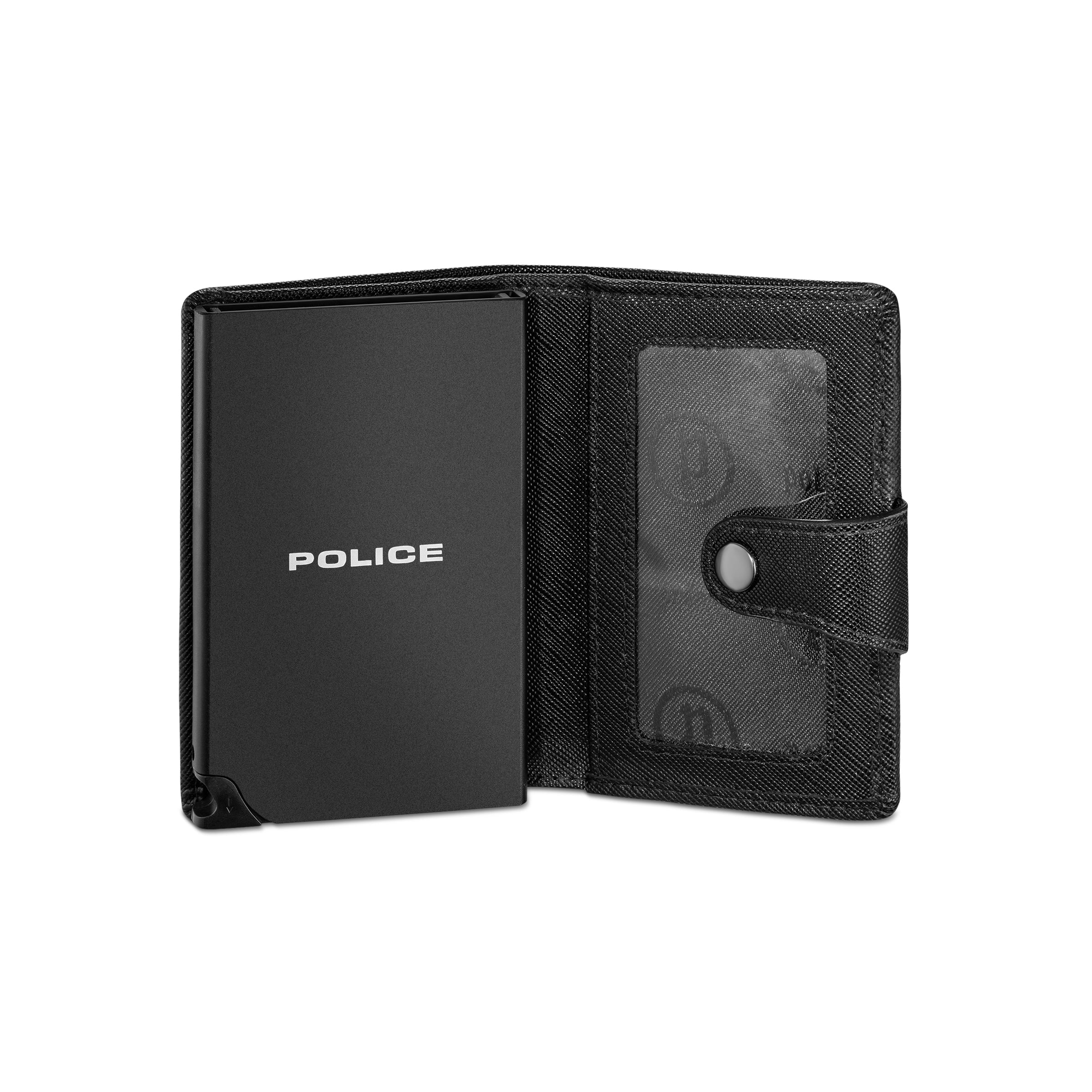 Open black PU card case. Left: matte black metal card holder with 'POLICE' text. Right: textured PU with clear slots and a si