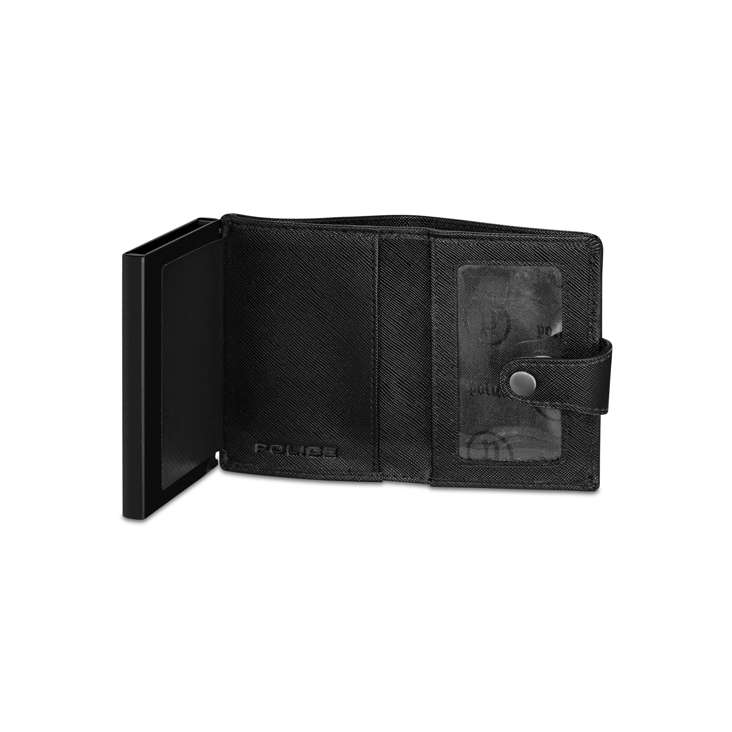 Black textured PU card case, open, with card slots, clear ID window, snap closure, and 'POLICE' branding inside.