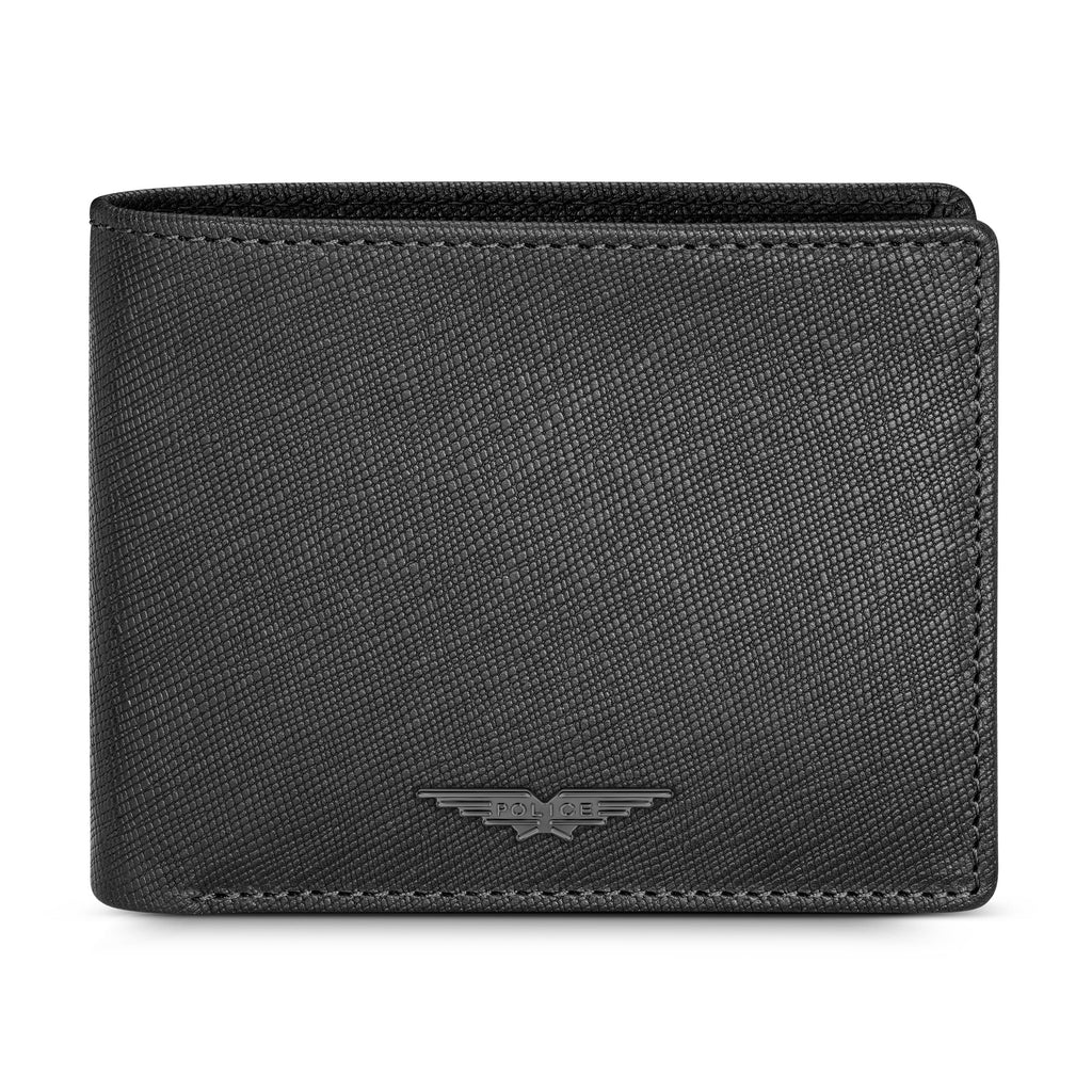 Black genuine leather bi-fold wallet with a cross-hatch texture and a dark metal Police logo emblem on the front.