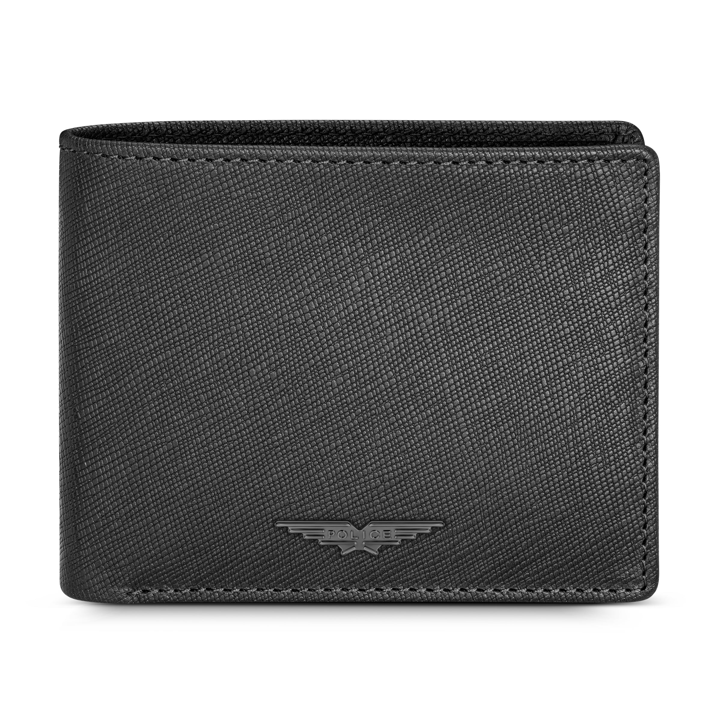 Black genuine leather bi-fold wallet with a cross-hatch texture and a dark metal Police logo emblem on the front.