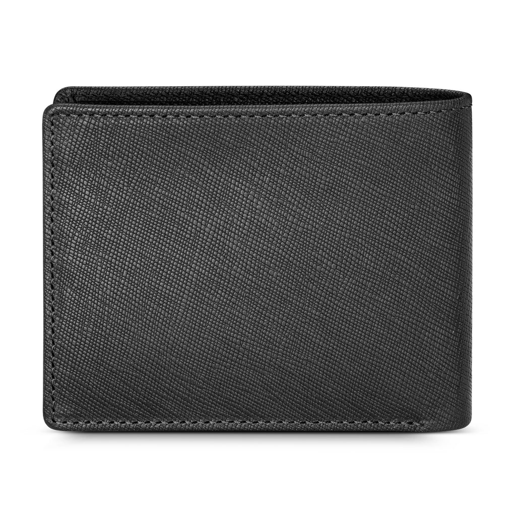 Black genuine leather bifold wallet with a crosshatch texture and visible stitching along the edges.
