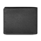 Black genuine leather bifold wallet with a crosshatch texture and visible stitching along the edges.