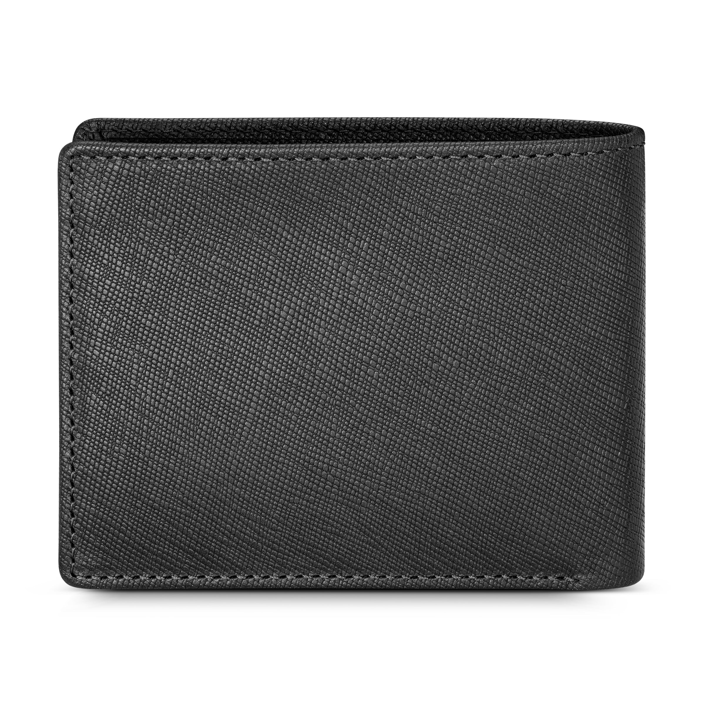 Black genuine leather bifold wallet with a crosshatch texture and visible stitching along the edges.