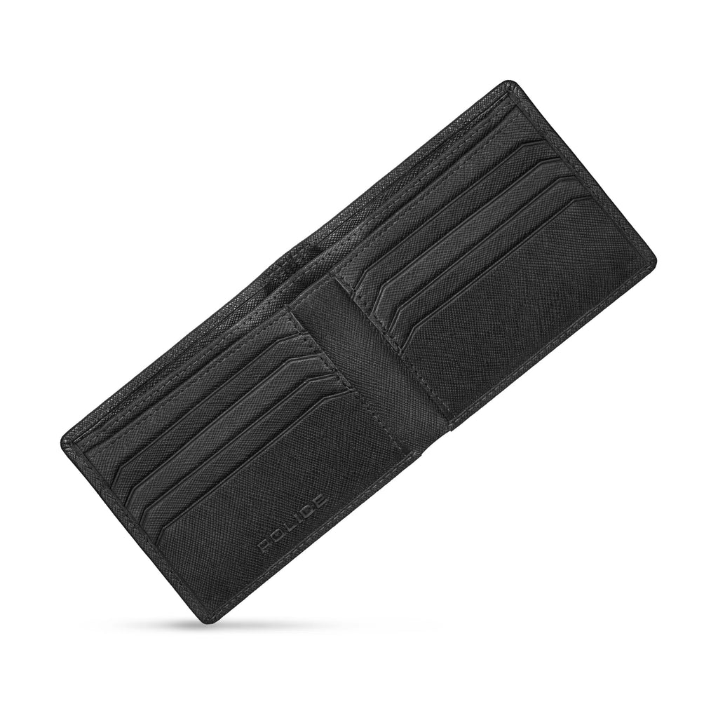 Black genuine leather bifold wallet, open, showing a textured interior with 8 card slots and a 'POLICE' logo.
