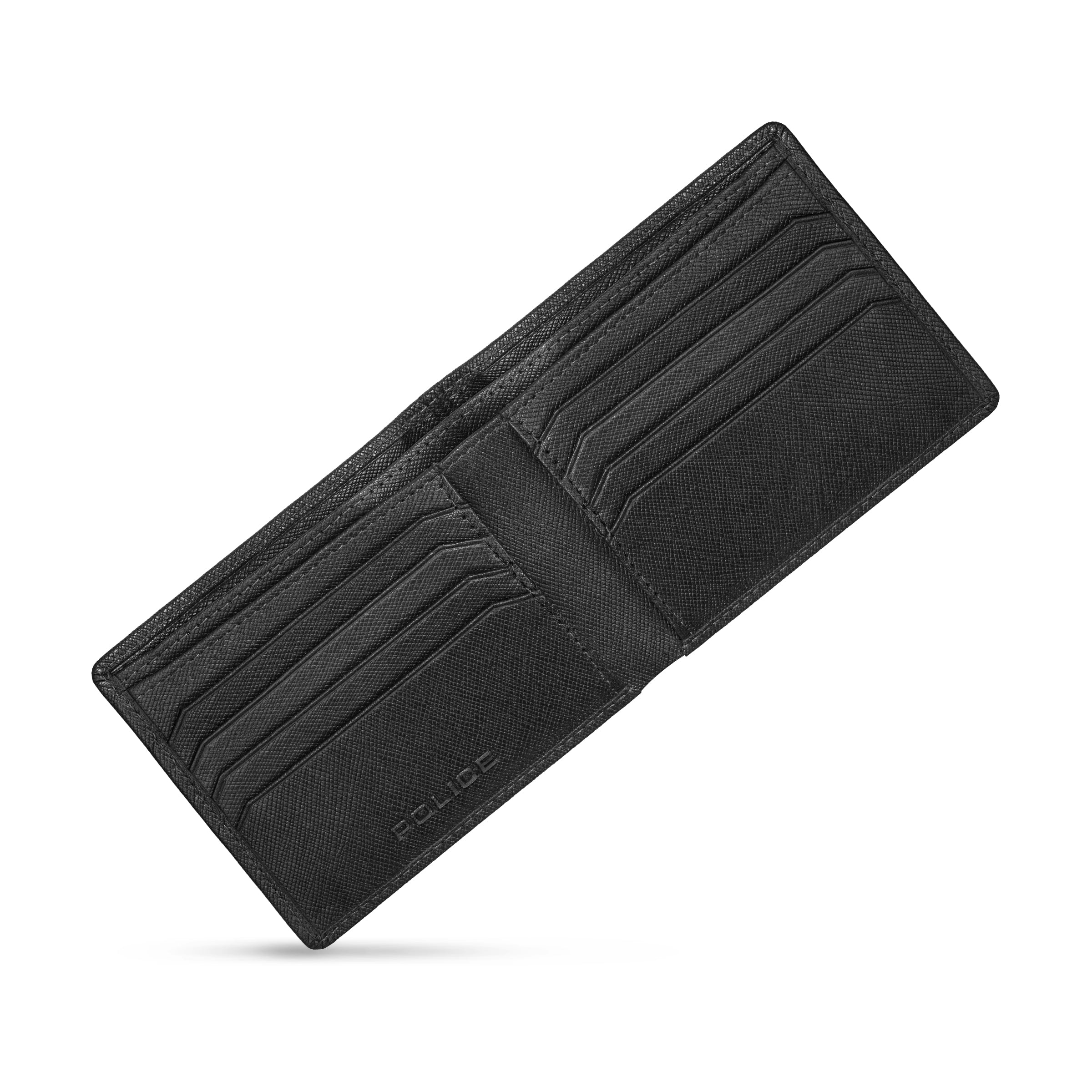 Black genuine leather bifold wallet, open, showing a textured interior with 8 card slots and a 'POLICE' logo.