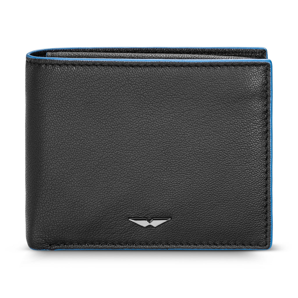 Black genuine leather bifold wallet with a pebbled texture, blue contrasting edges, and a silver-toned wing emblem.