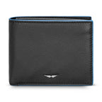 Black genuine leather bifold wallet with a pebbled texture, blue contrasting edges, and a silver-toned wing emblem.