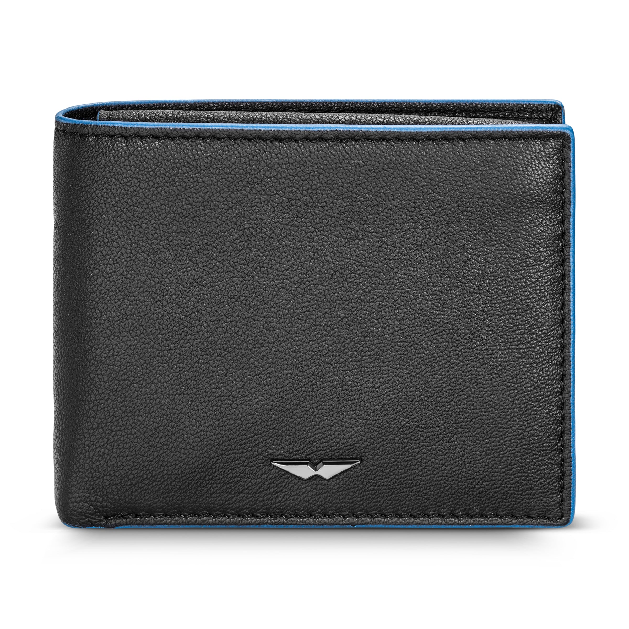 Black genuine leather bifold wallet with a pebbled texture, blue contrasting edges, and a silver-toned wing emblem.