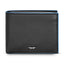 Black genuine leather bifold wallet with a pebbled texture, blue contrasting edges, and a silver-toned wing emblem.