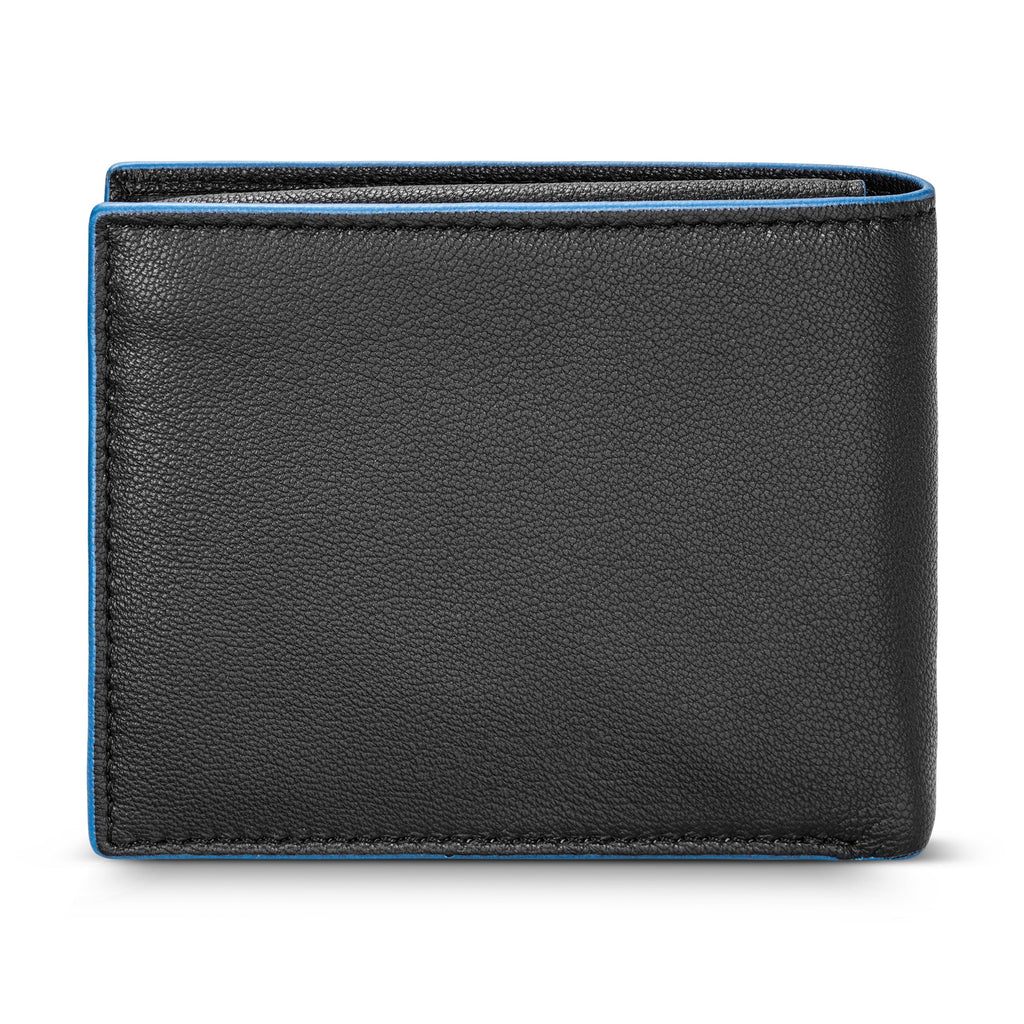 Black genuine leather bifold wallet with pebbled texture and vibrant blue edges.