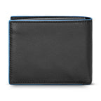 Black genuine leather bifold wallet with pebbled texture and vibrant blue edges.
