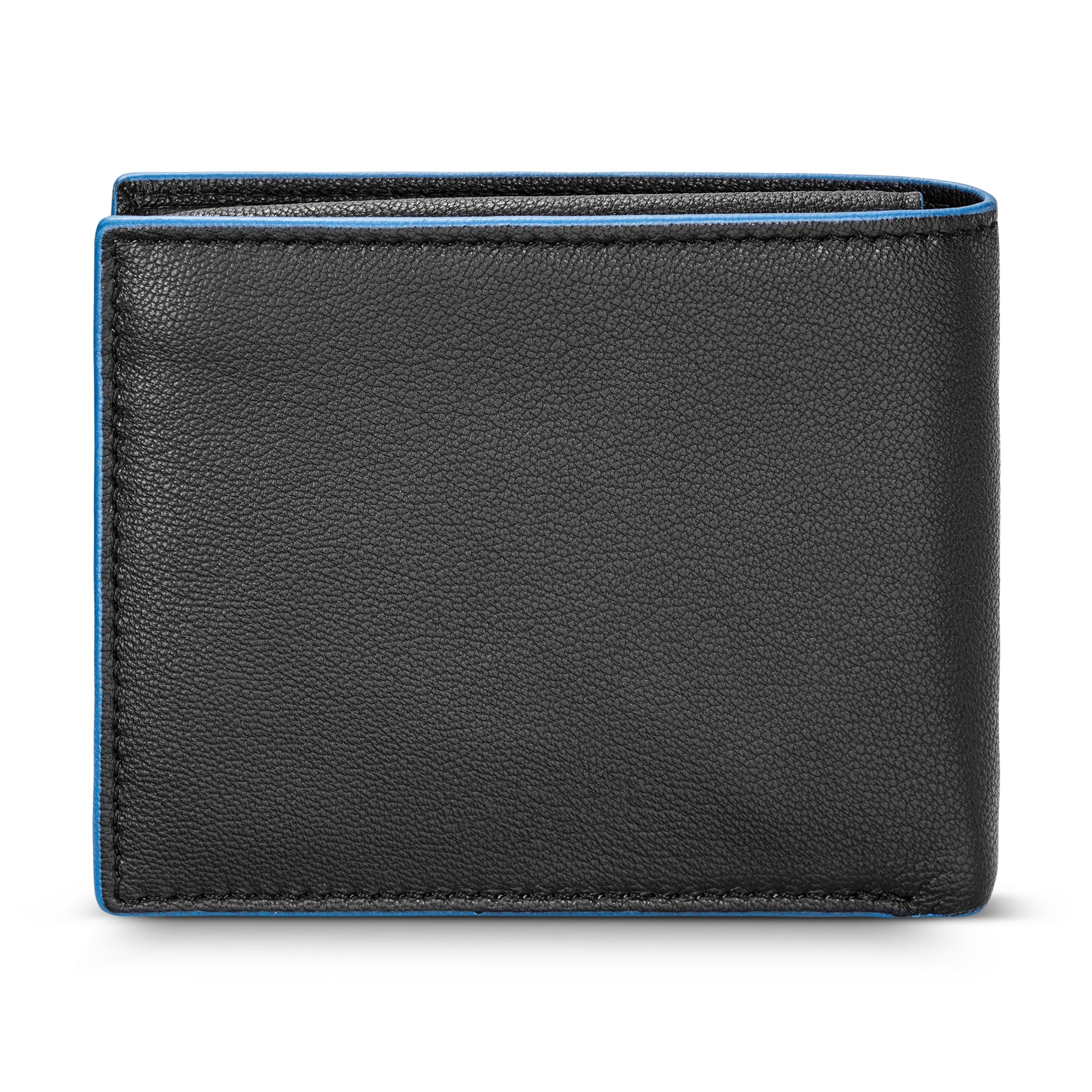 Black genuine leather bifold wallet with pebbled texture and vibrant blue edges.