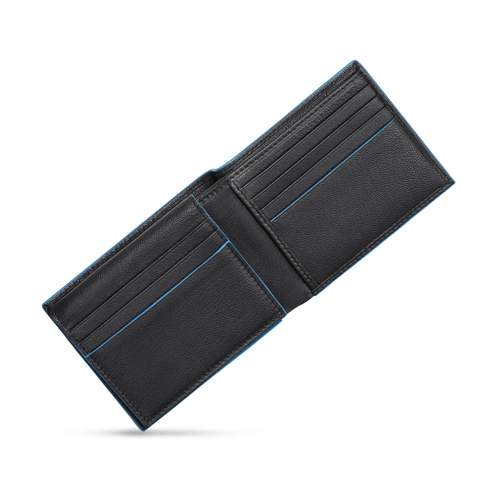 Open black genuine leather bi-fold wallet with pebbled texture, bright blue trim, and multiple card slots.