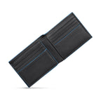 Open black genuine leather bi-fold wallet with pebbled texture, bright blue trim, and multiple card slots.