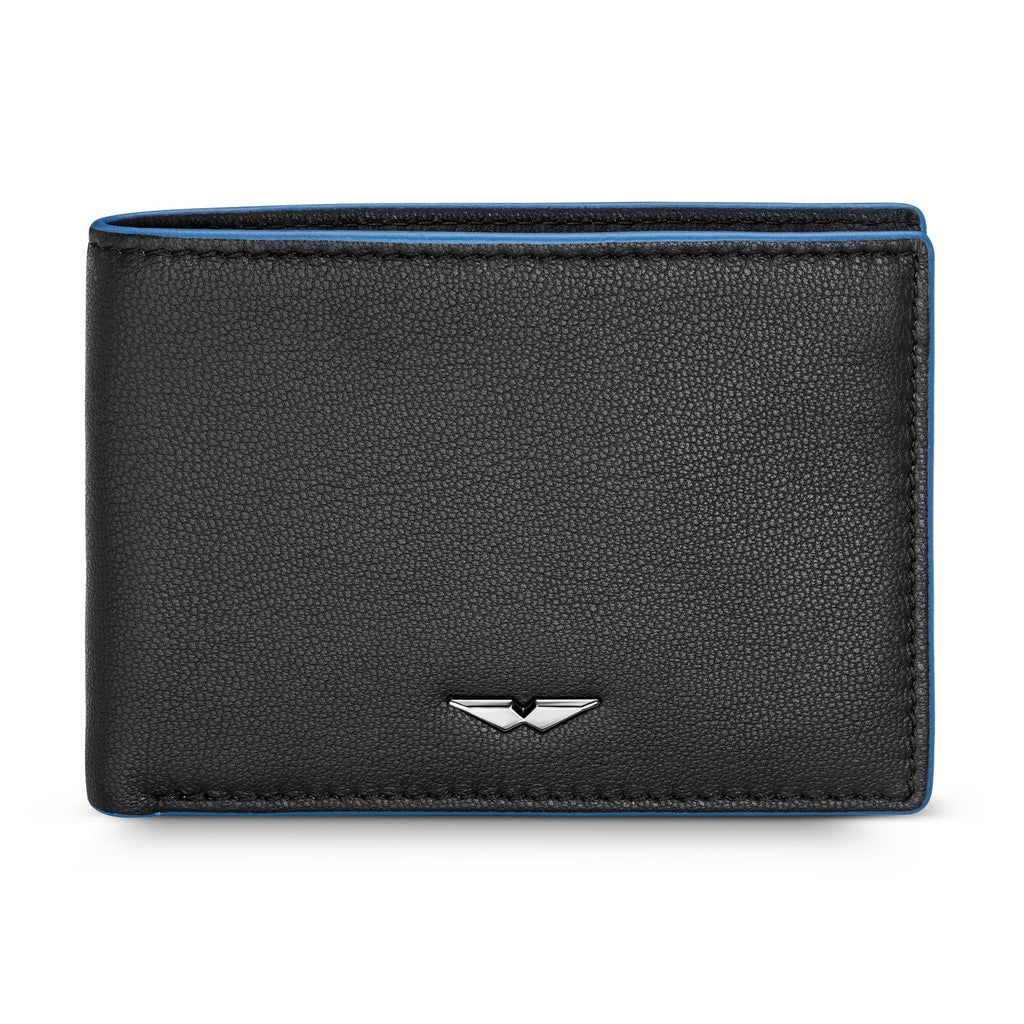 Black pebbled genuine leather bi-fold wallet with blue edges and a silver-toned Police logo emblem.